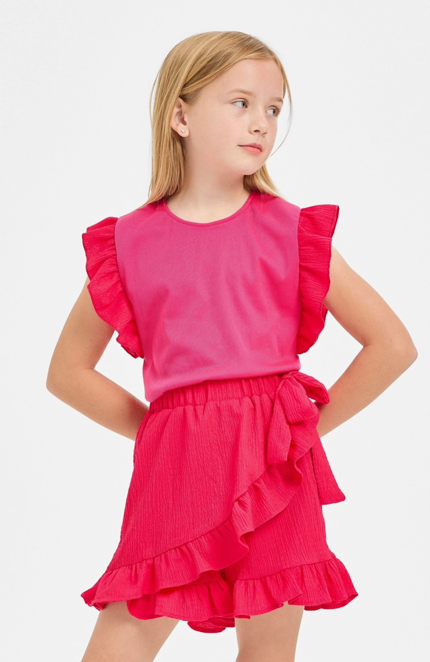 Cherry Pink Ruffle Ribbed Top/Ribbon Tie Ruffle Skort