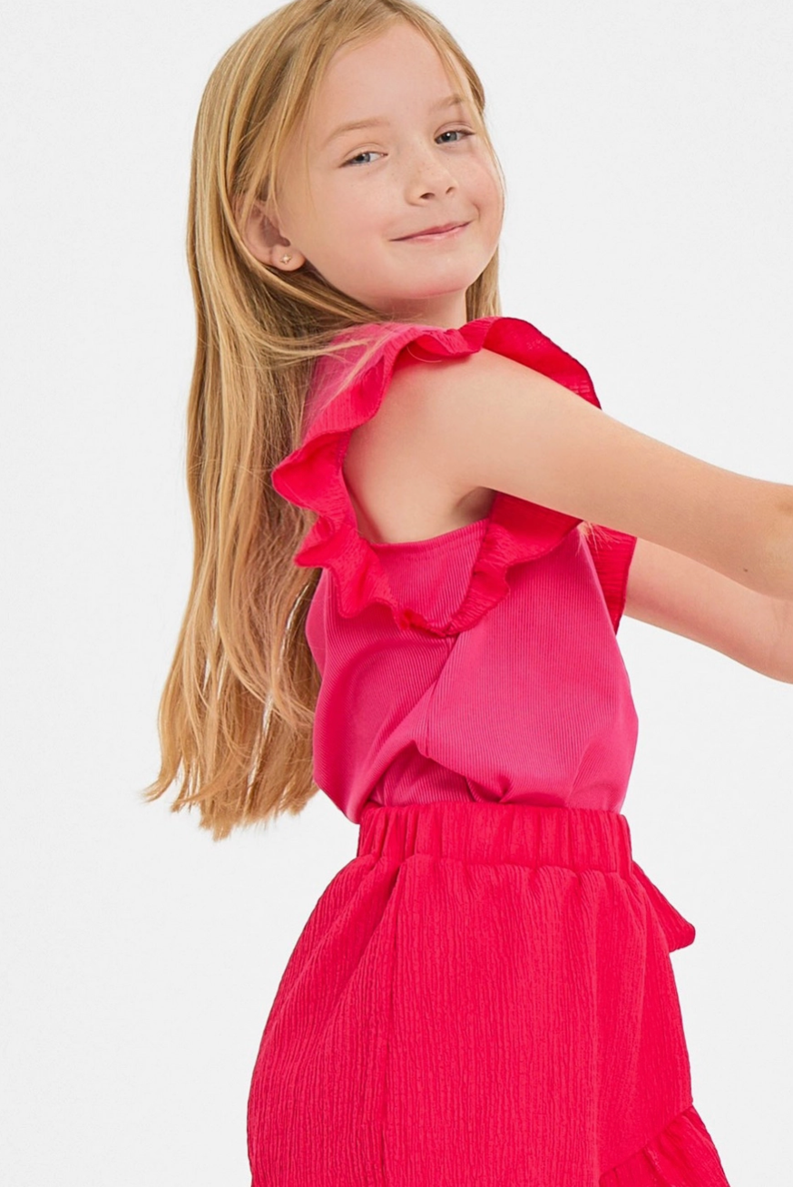 Cherry Pink Ruffle Ribbed Top/Ribbon Tie Ruffle Skort