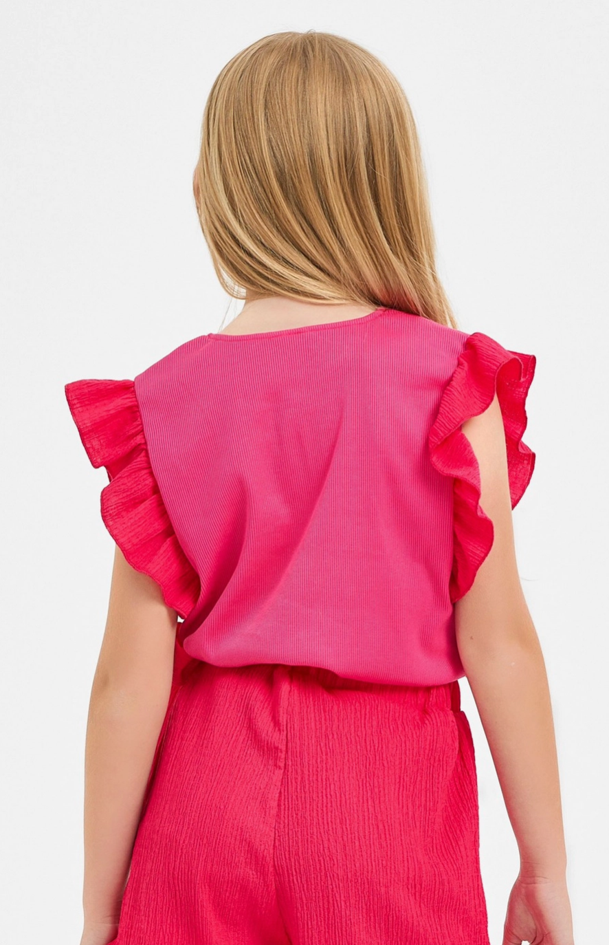 Cherry Pink Ruffle Ribbed Top/Ribbon Tie Ruffle Skort