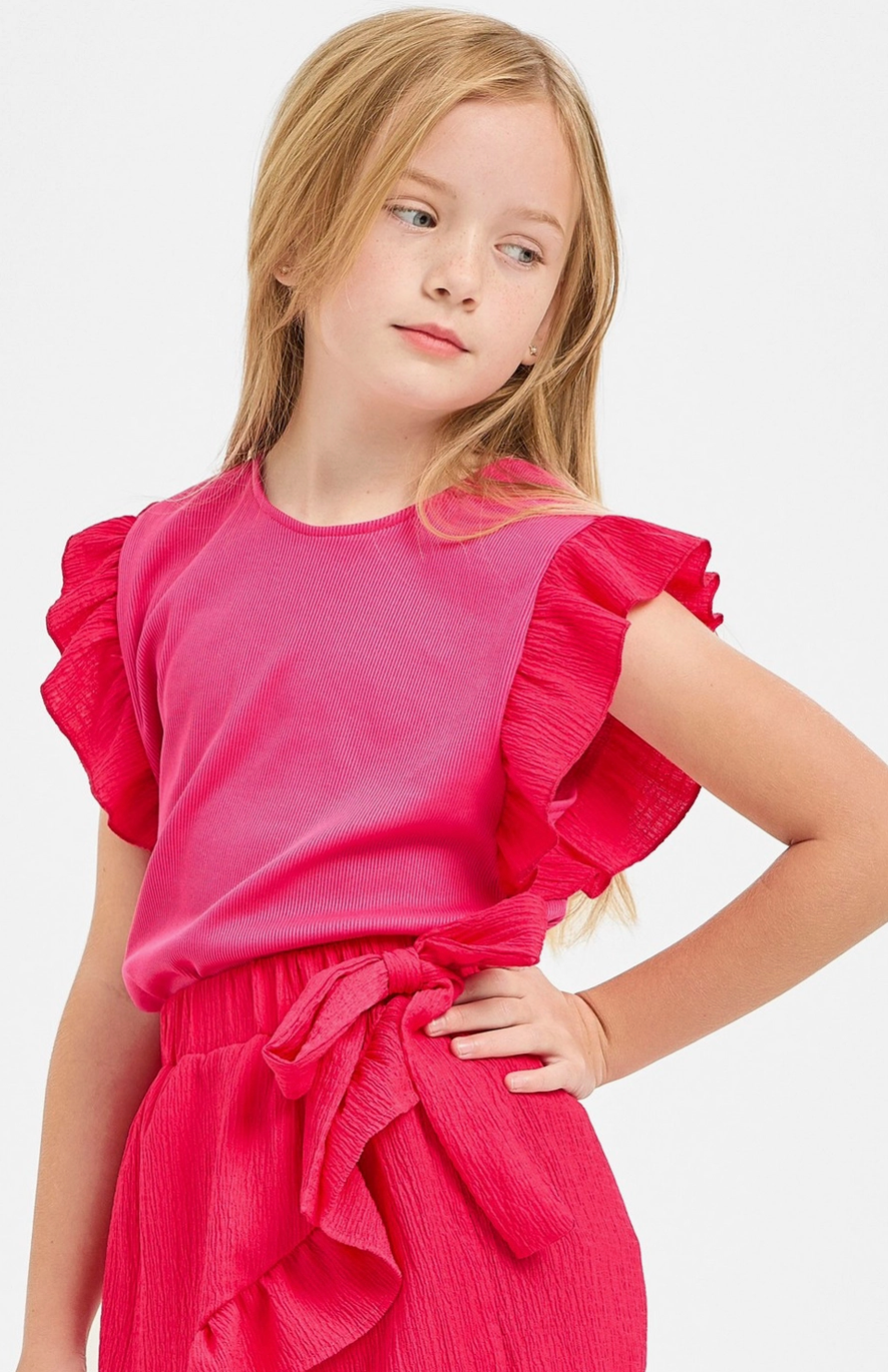 Cherry Pink Ruffle Ribbed Top/Ribbon Tie Ruffle Skort