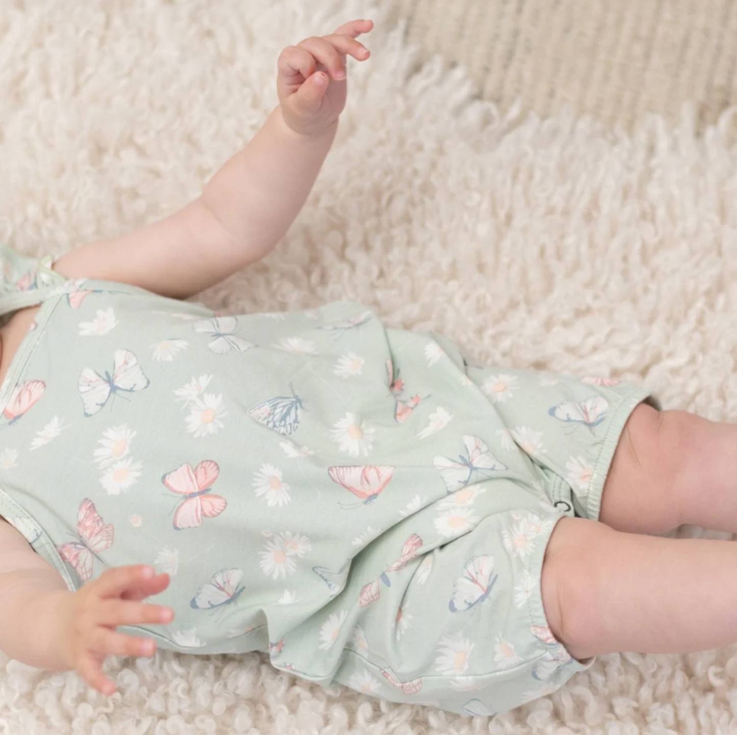 Mint Butterfly Daisy Bamboo Flutter Sleeve Romper