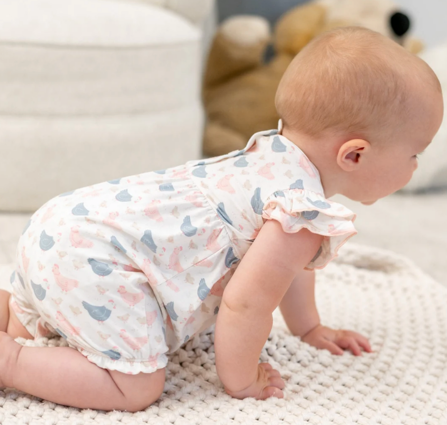 Pink Farm Hens Bamboo Ruffle Romper