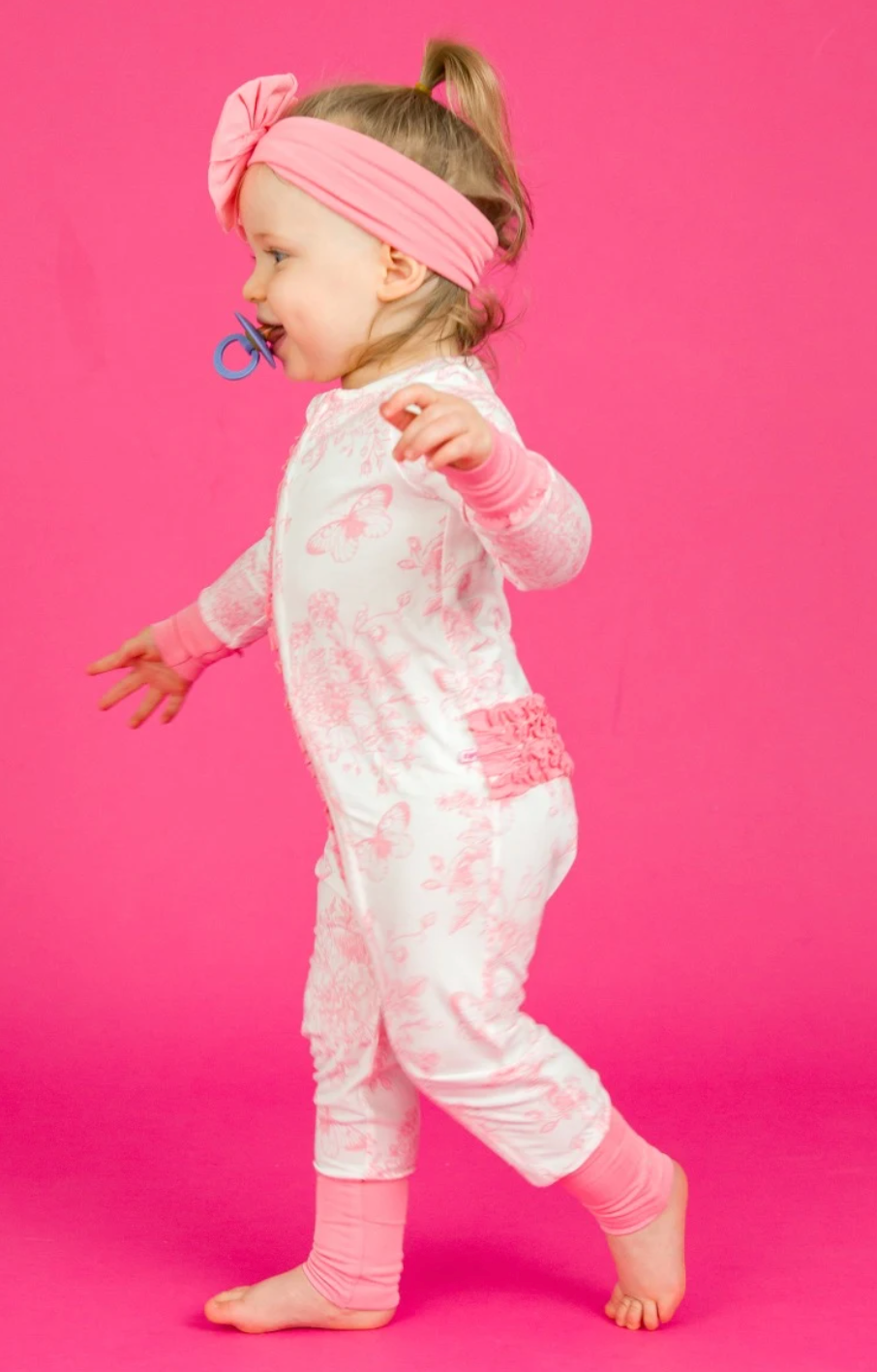 Pink Butterfly Garden Toile Convertible Ruffle One Piece Pajama