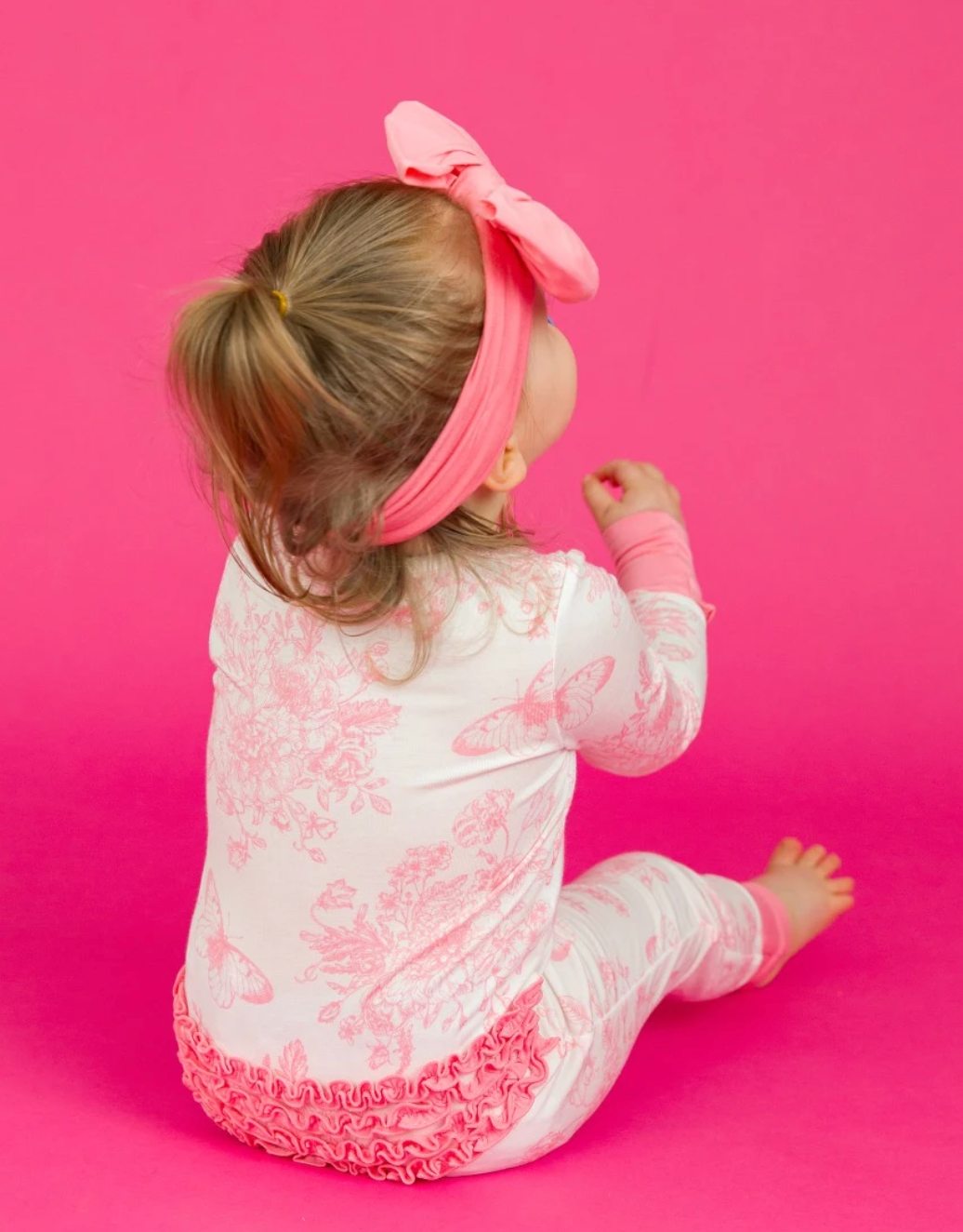 Pink Butterfly Garden Toile Convertible Ruffle One Piece Pajama