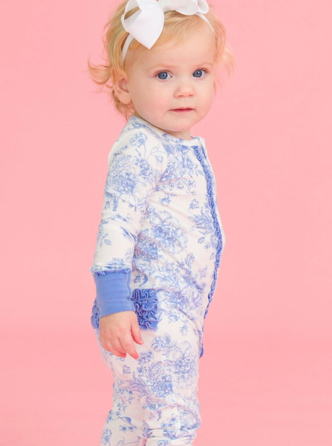 Periwinkle Blue Butterfly Garden Toile Convertible Ruffle One Piece Pajama