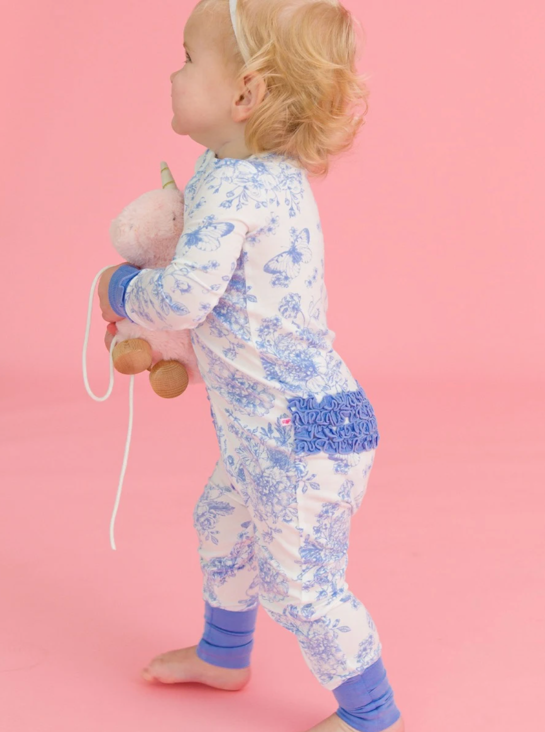 Periwinkle Blue Butterfly Garden Toile Convertible Ruffle One Piece Pajama