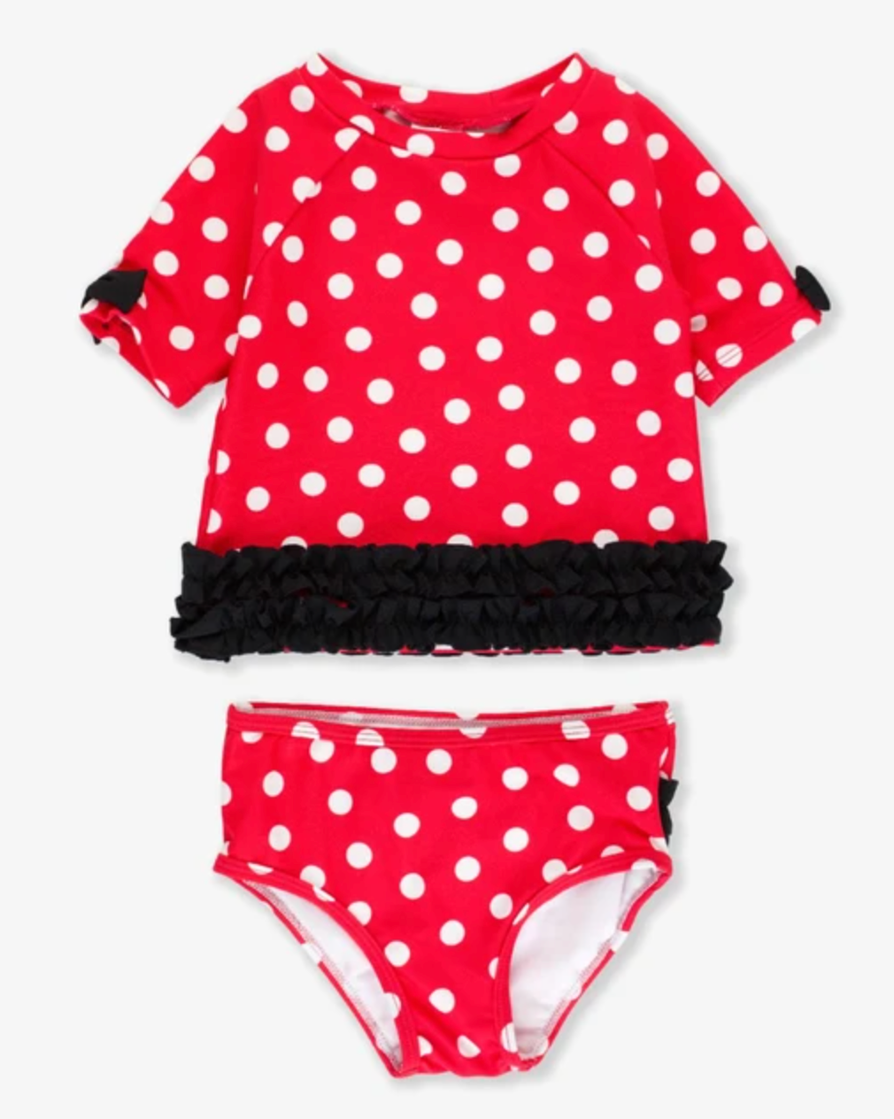 Red Vintage Polka Dot Classic Bow Short Sleeve Rash Guard Bikini
