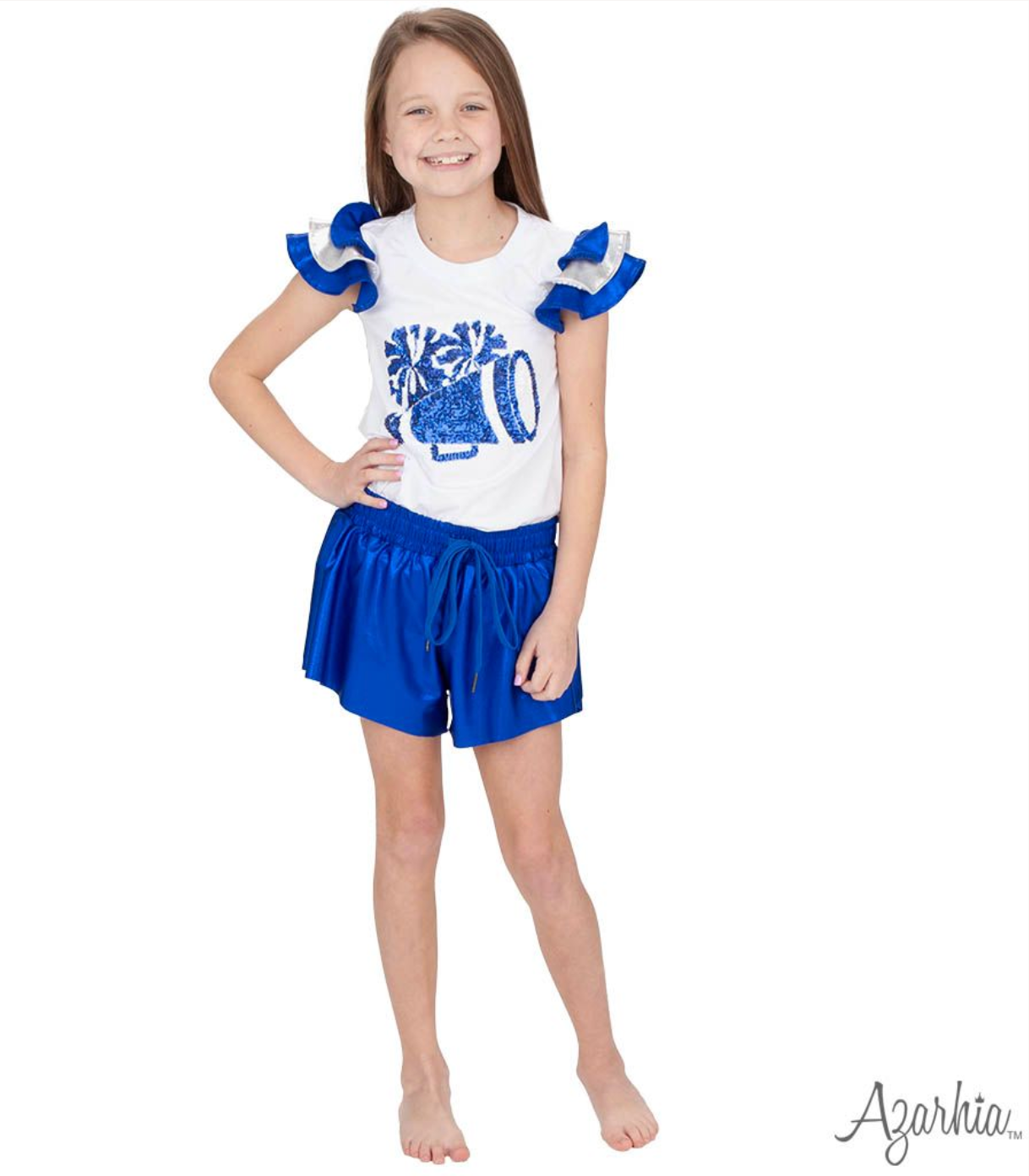 Shimmer Ruffle Sleeve Sequin Cheer in Royal Game Day