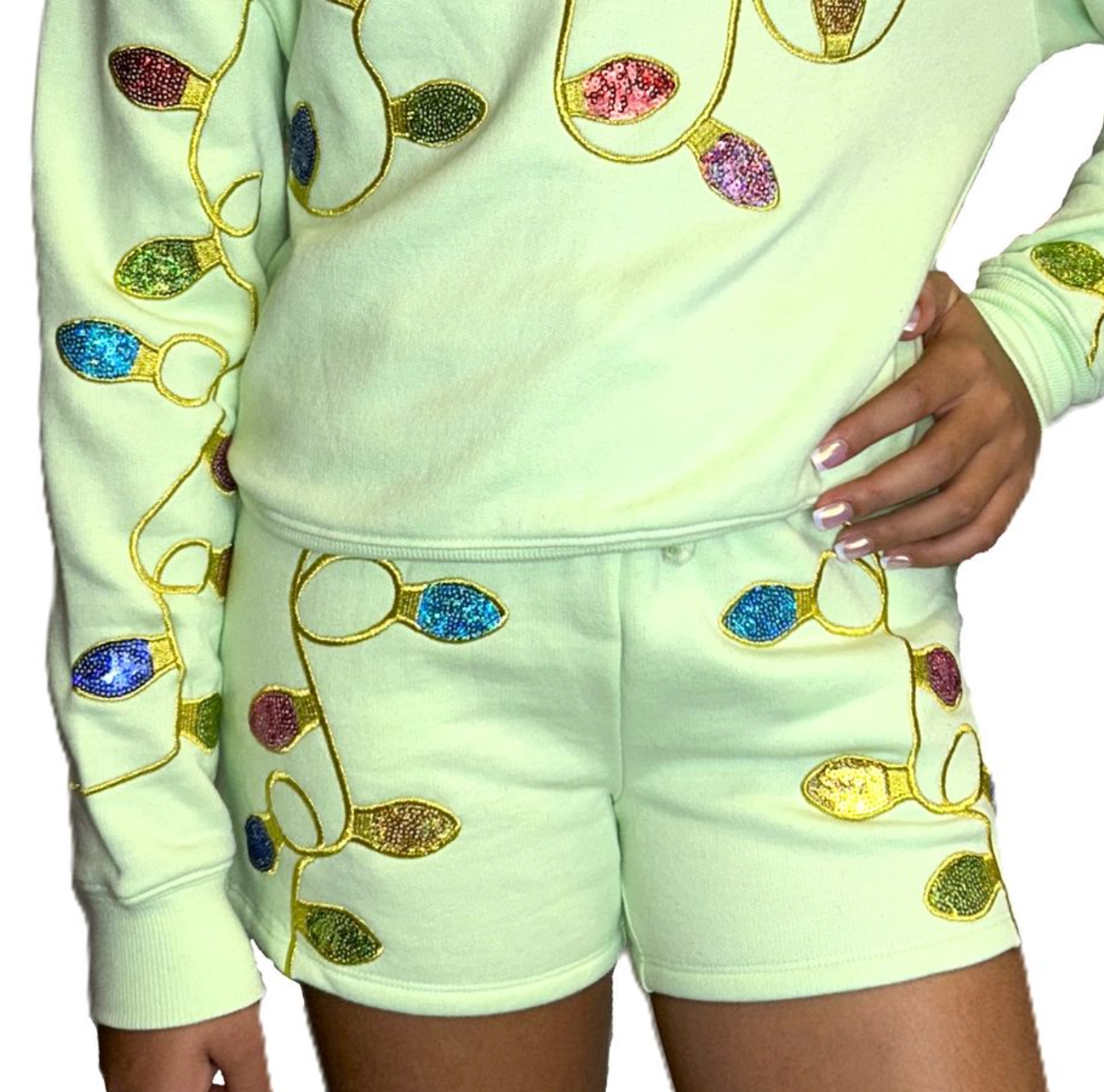 Paper Flower Sequins Christmas Lights Sweatshirt Set