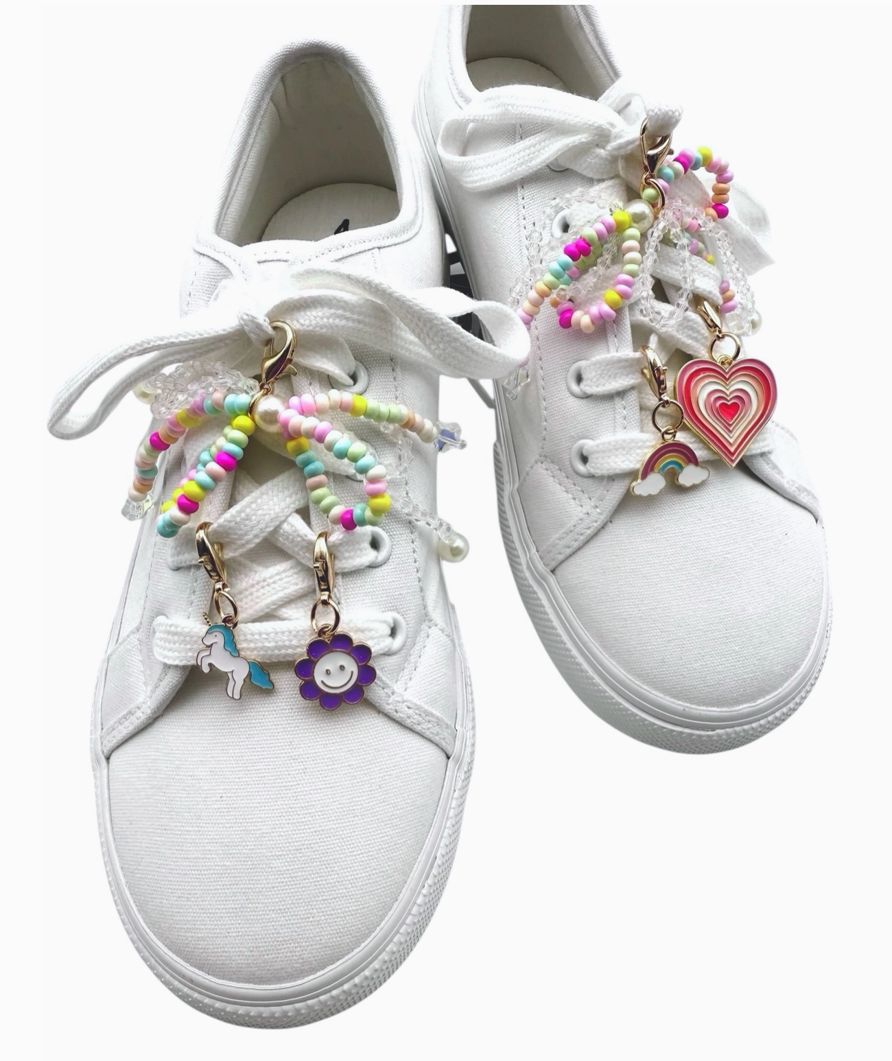 Rainbow Bead Bow and Gold Shoe Charm Set For Shoelaces