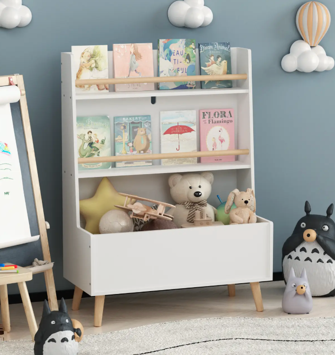 White Kids Bookshelf with Toy Storage and Book Organizer