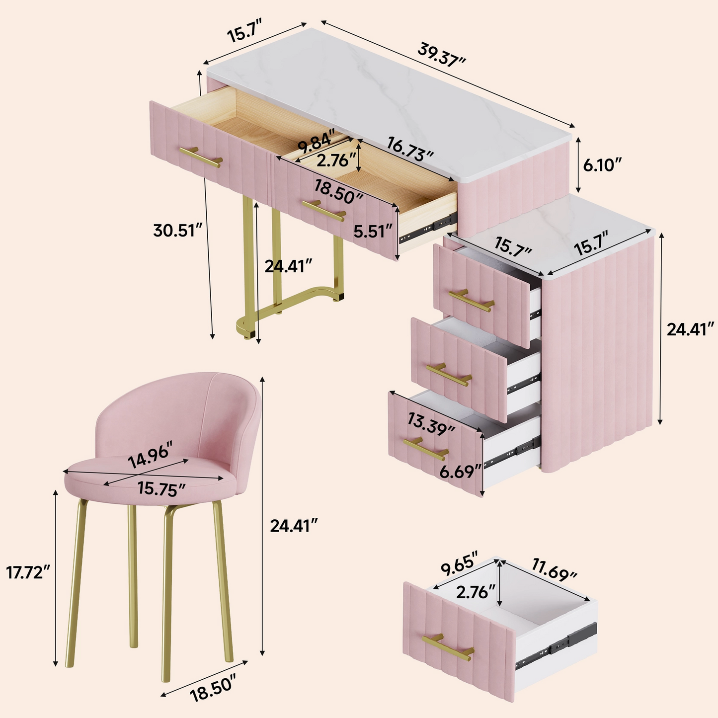Princess Style Pink Vanity Table+Chair
