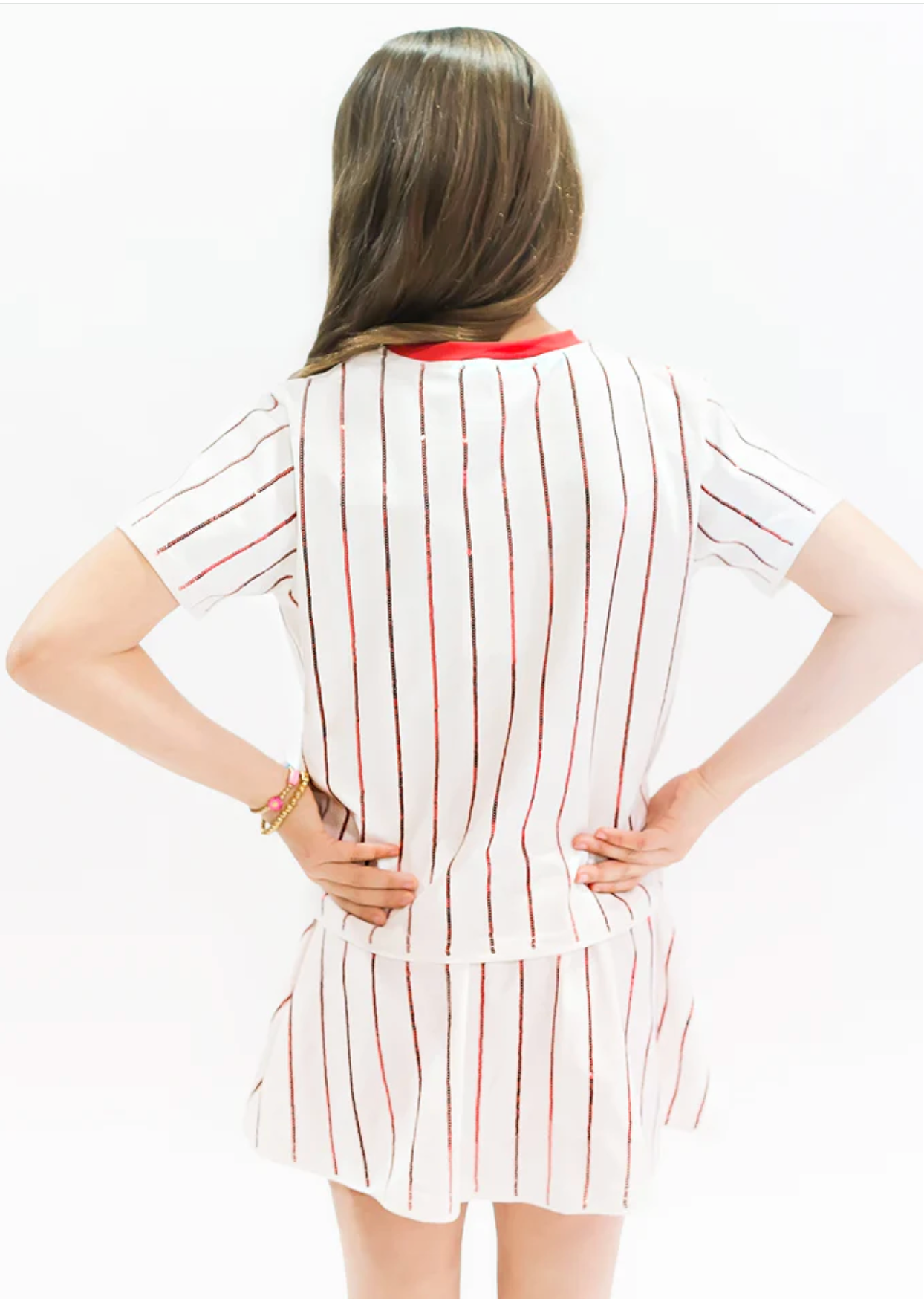 Belle Cher Baseball Red Striped Sequin Skort Set