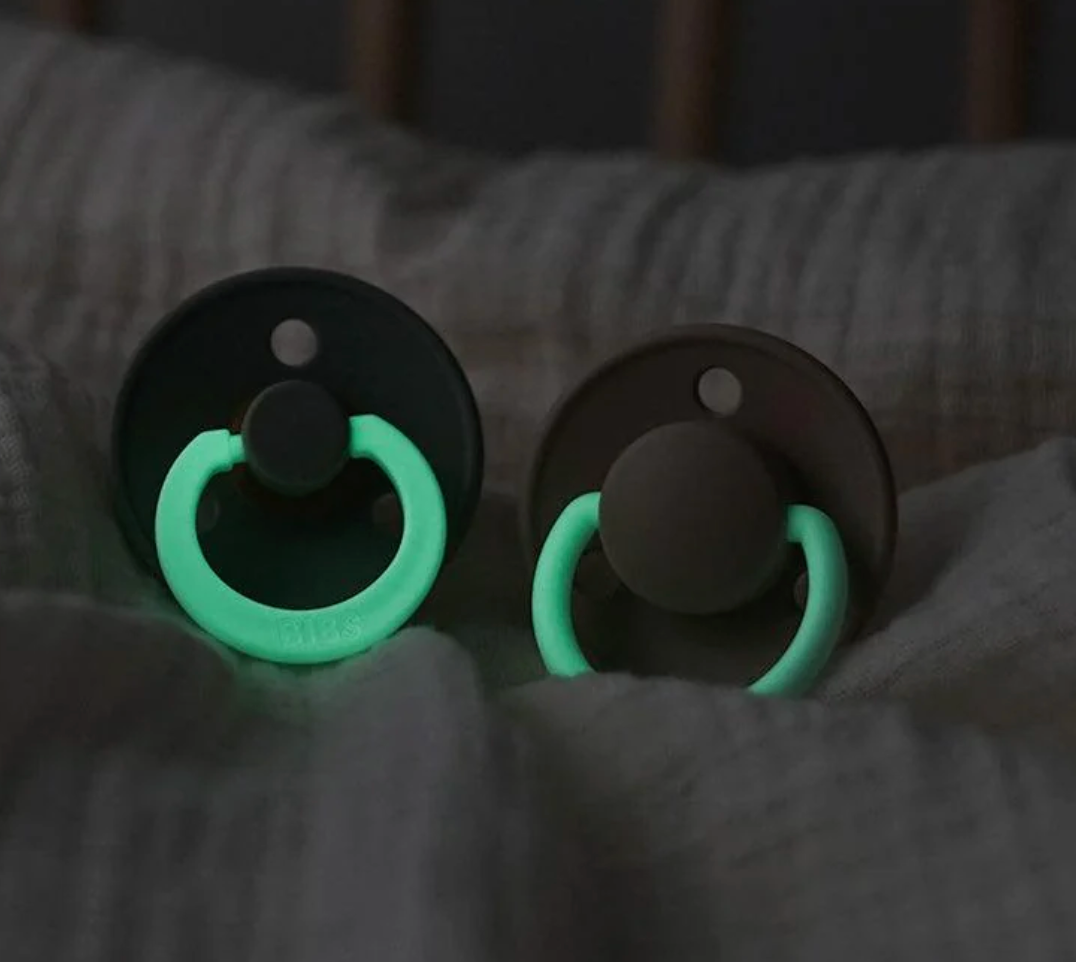 BIBS Colour GLOW Pacifiers 2 Pack - Iron/Baby Blue $16.95