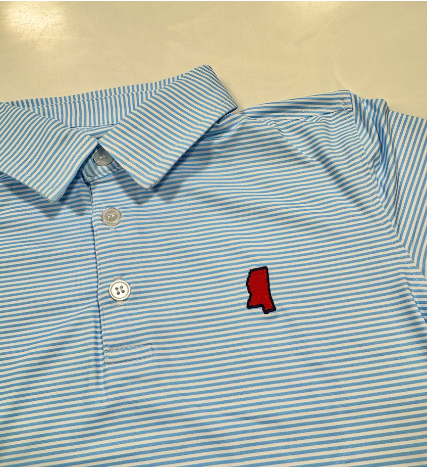 Meripex Micro Light Blue/White (MS Emb Red/Navy Outline) Polo