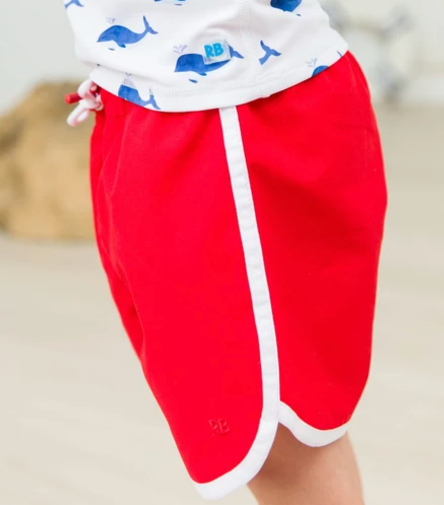 Vintage Red Dolphin Hem Swim Trunks