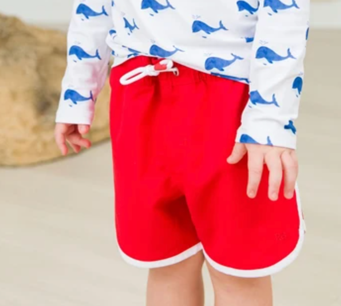 Vintage Red Dolphin Hem Swim Trunks