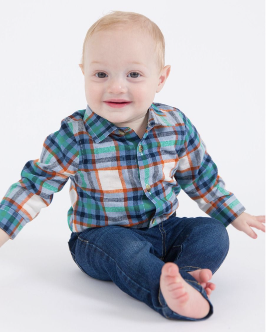 RuffleButts Peyton L/S Button Down Bodysuit