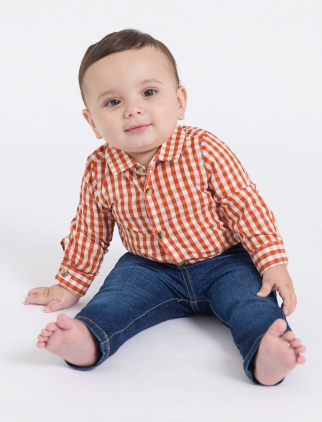 RuffleButts Classic Rust Gingham L/S Button Down Bodysuit