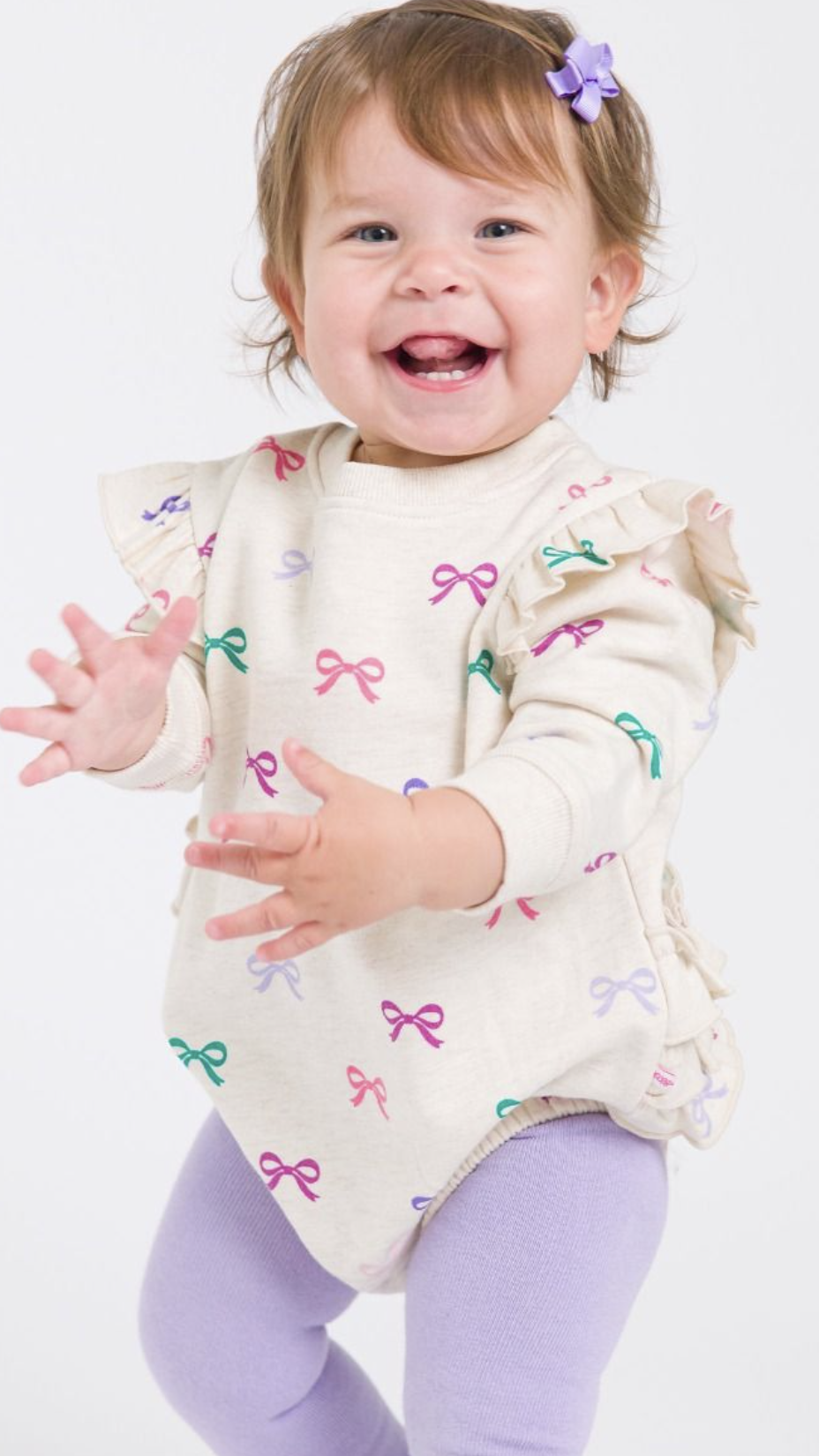 RuffleButts Heather Oatmeal Ribbons Sweatshirt Romper