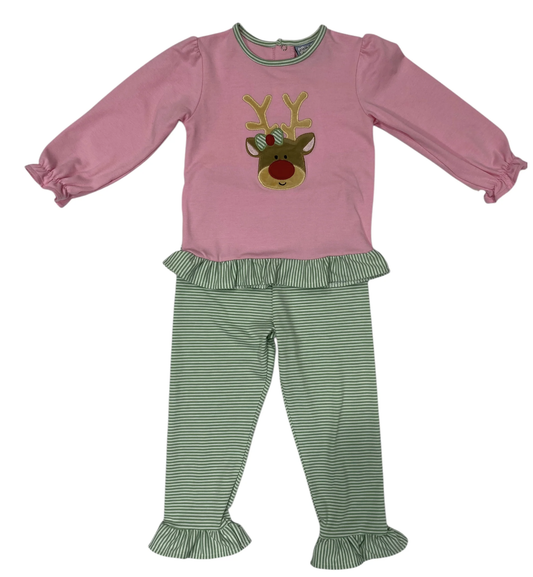 Three Sisters Reindeer Applique Ruffle Pant Set