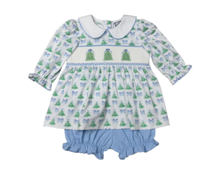Three Sisters Christmas Tree Smocked Bloomer Set