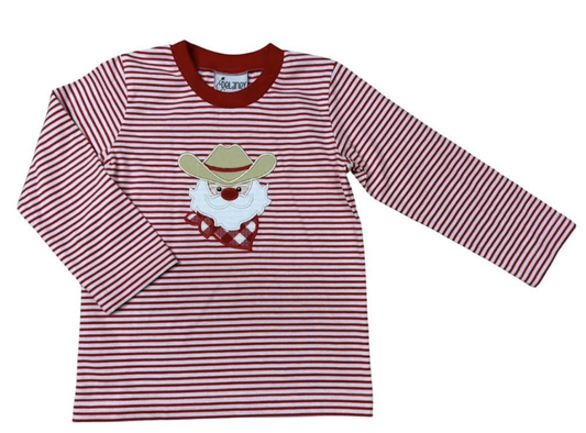 Delaney Red Mini Stripe Applique Santa Cowboy Shirt