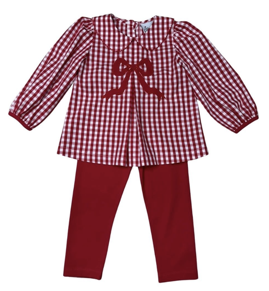 Delaney Red/White Check with Red Bow Top  Pant Set