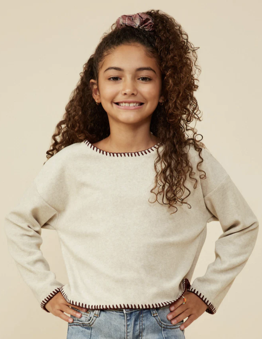 Hayden Girl Oatmeal Sweater with Wine Trim