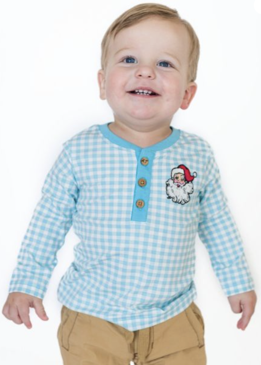 RuffleButts Dear Santa Blue Gingham Henley
