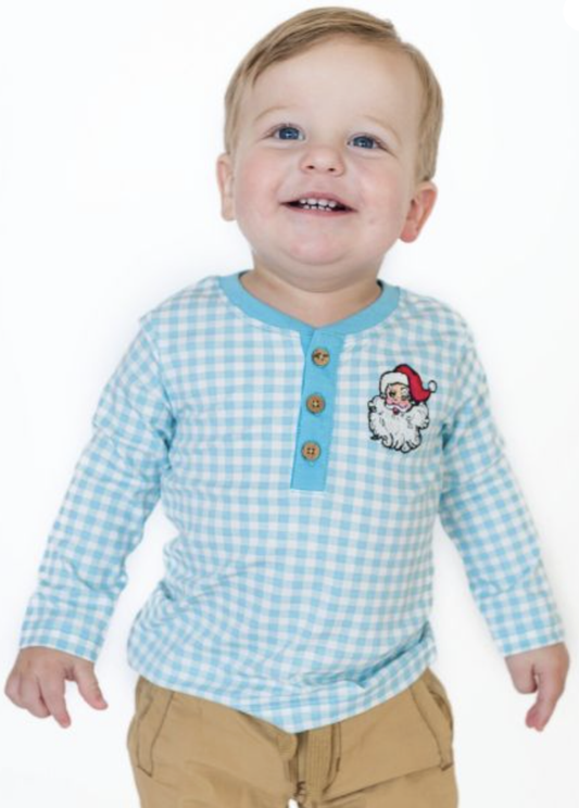 RuffleButts Dear Santa Blue Gingham Henley
