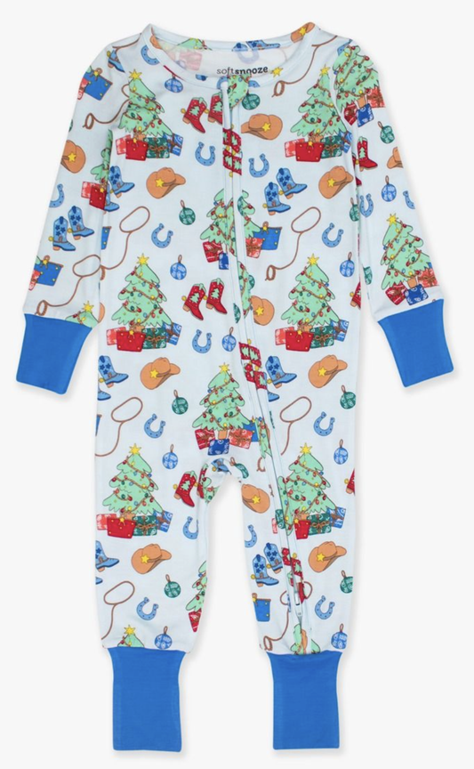 RuffleButts Blue Yuletide Yeehaw One Piece PJ