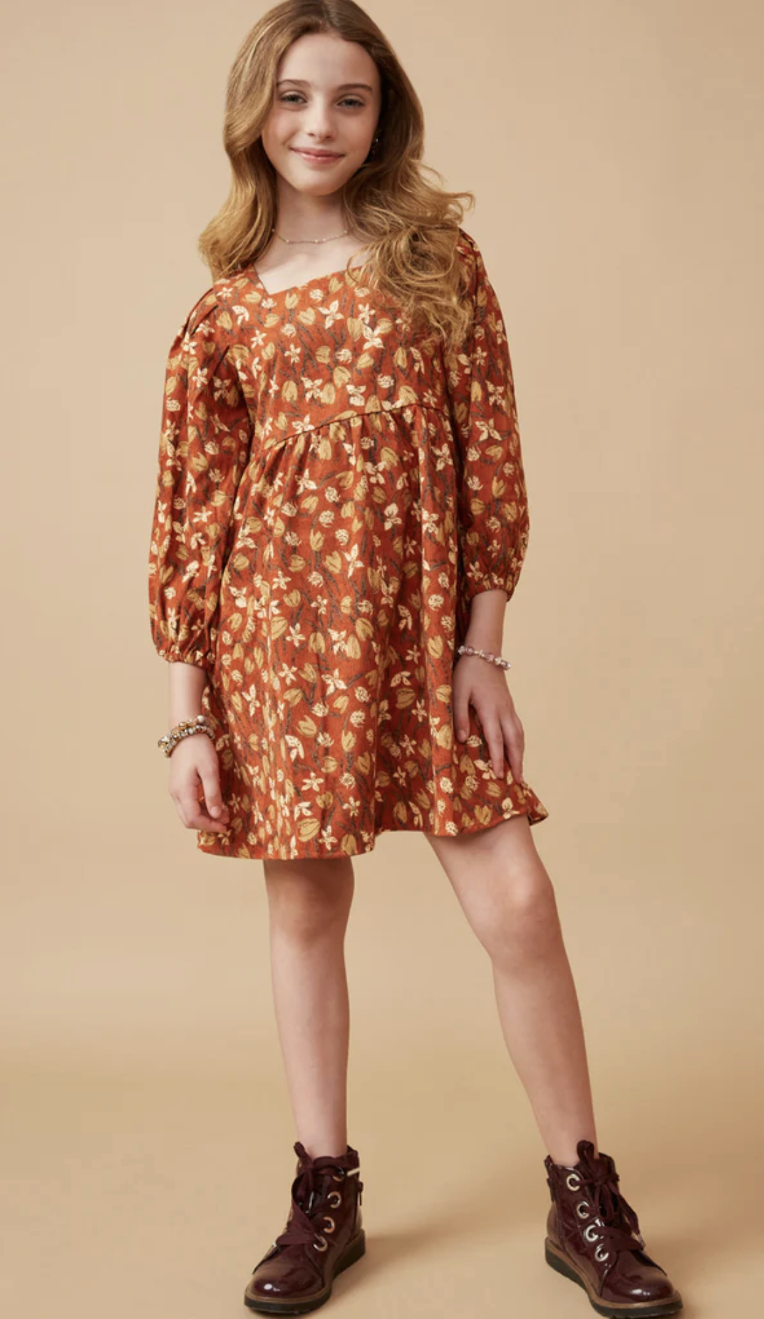 Hayden Girl Floral Corduroy Pleated Sleeve Dress