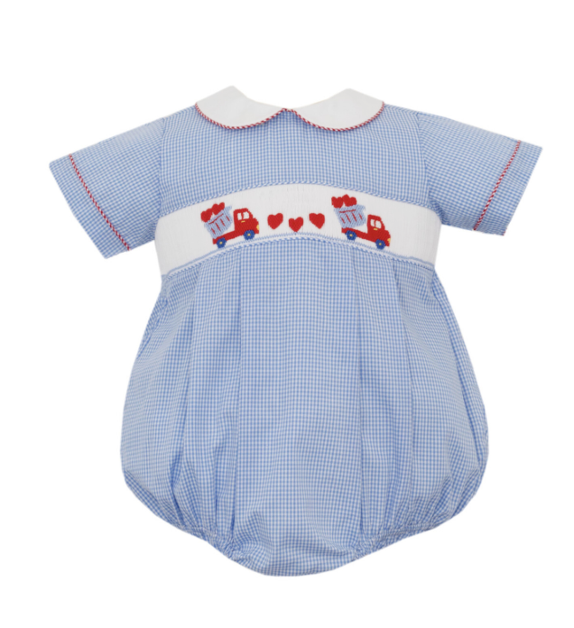 Petit Bebe Lt Blue Gingham Boys Valentine's S/S Bubble