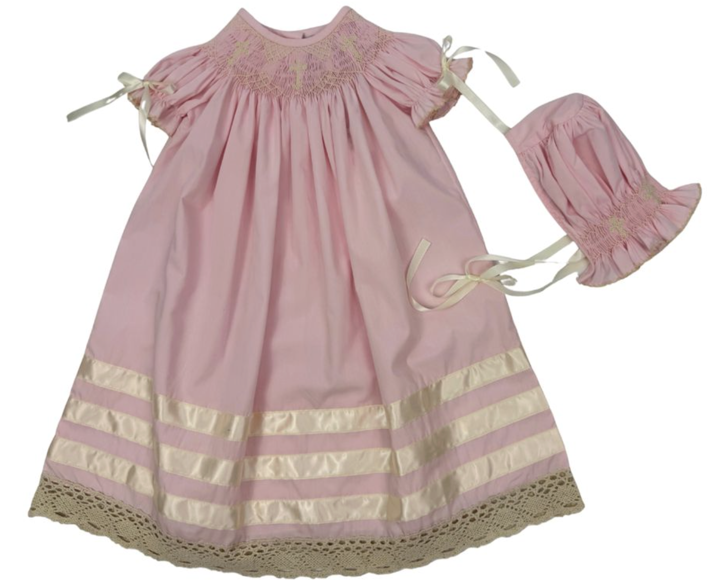 Delaney Pink Batiste Smocked Ecru Cross Dress