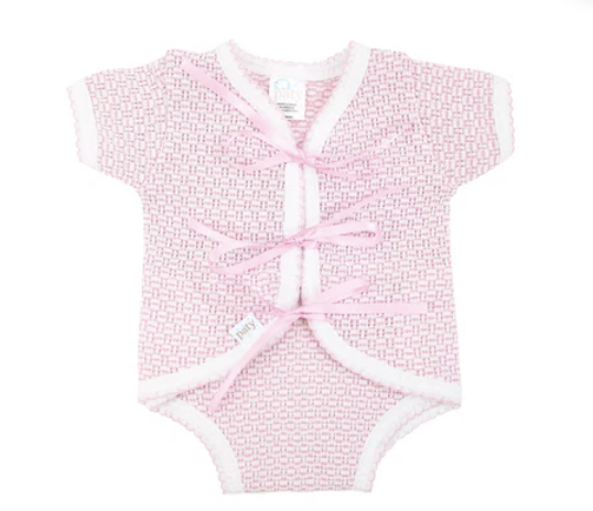 Paty Knit Solid Color Ribbon Tie Onesie - Pink