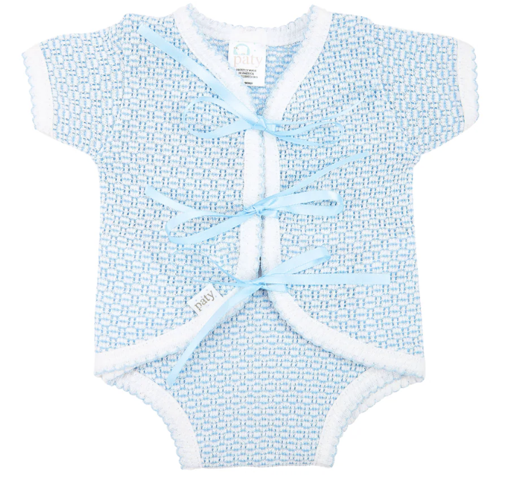 Paty Knit Solid Color Ribbon Tie Onesie - Blue