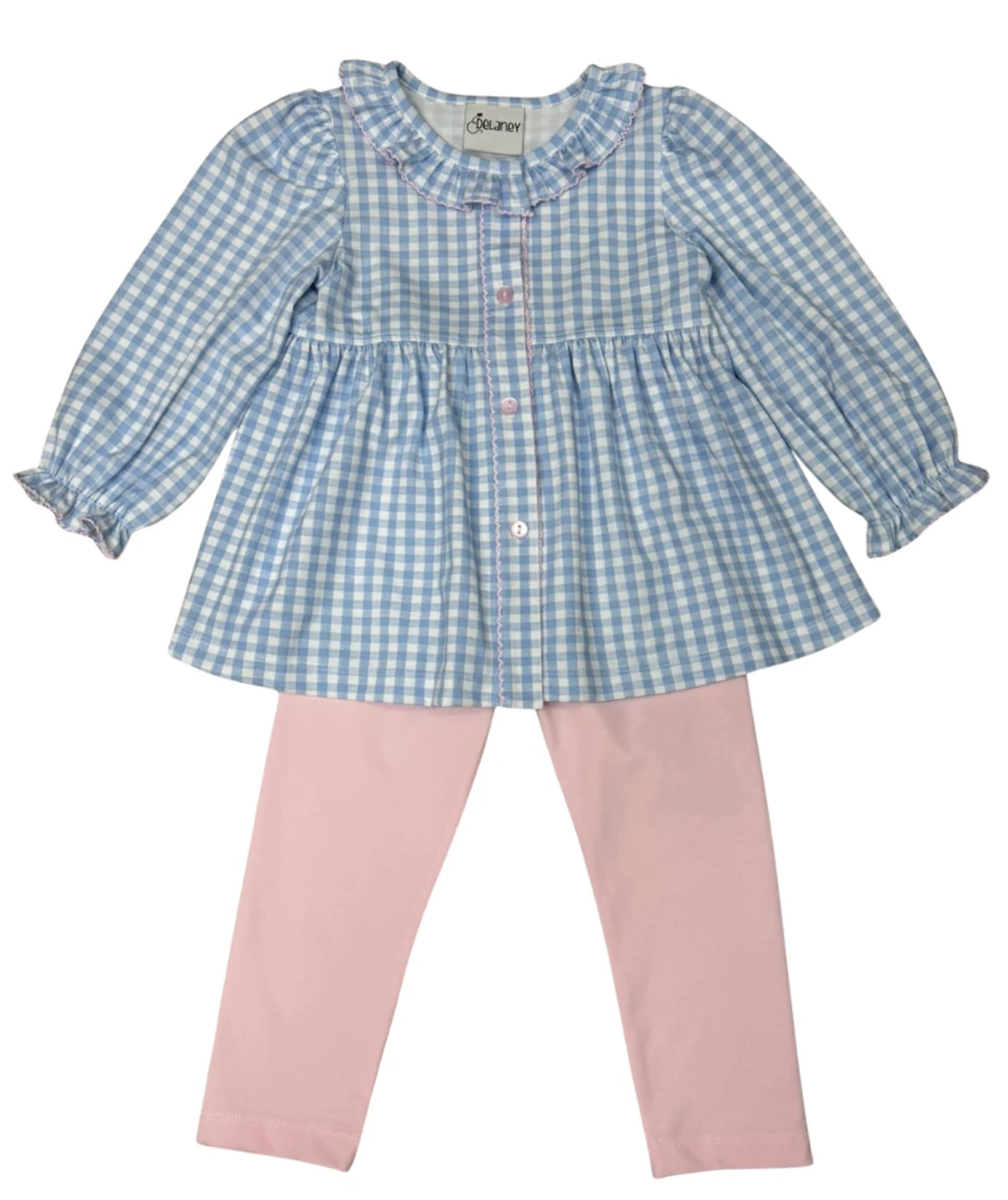 Delaney Blue/White Check LS top with Pink Leggings
