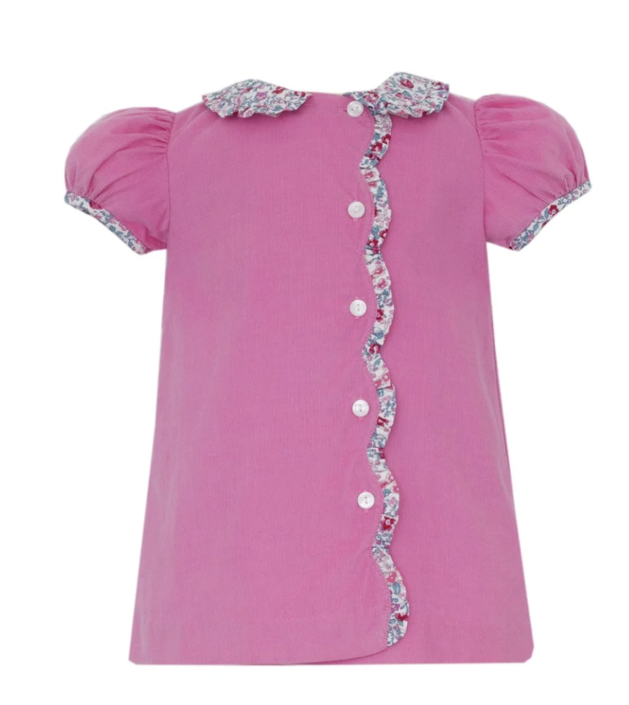 Petit Bebe Pink Corduroy Dress w/Pink Floral Ruffles SS