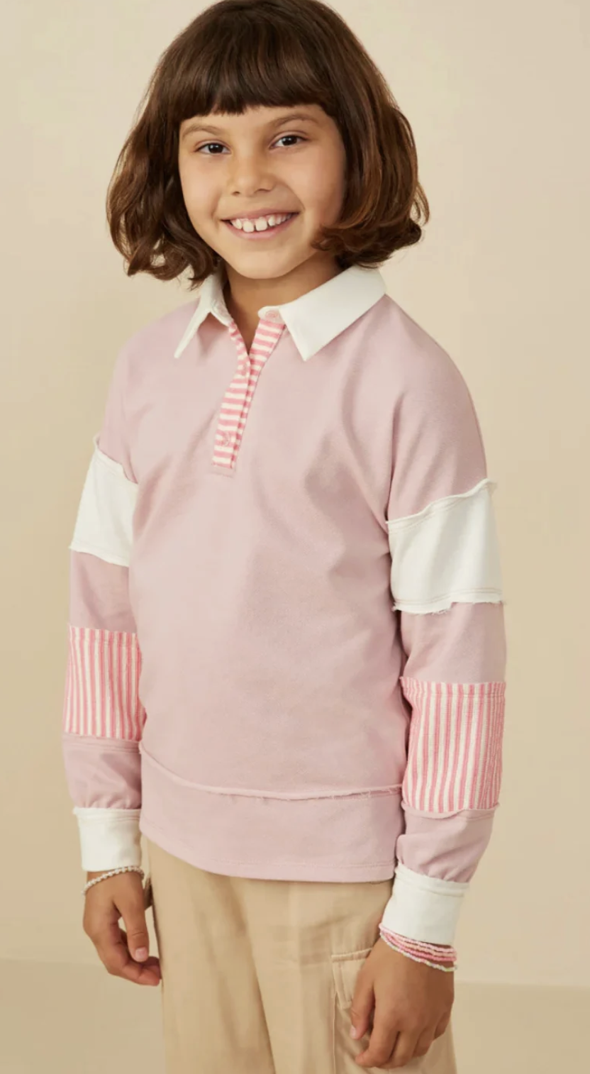 Hayden Girl Mixed Media Print Blocked Knit Rugby Shirt - Pink