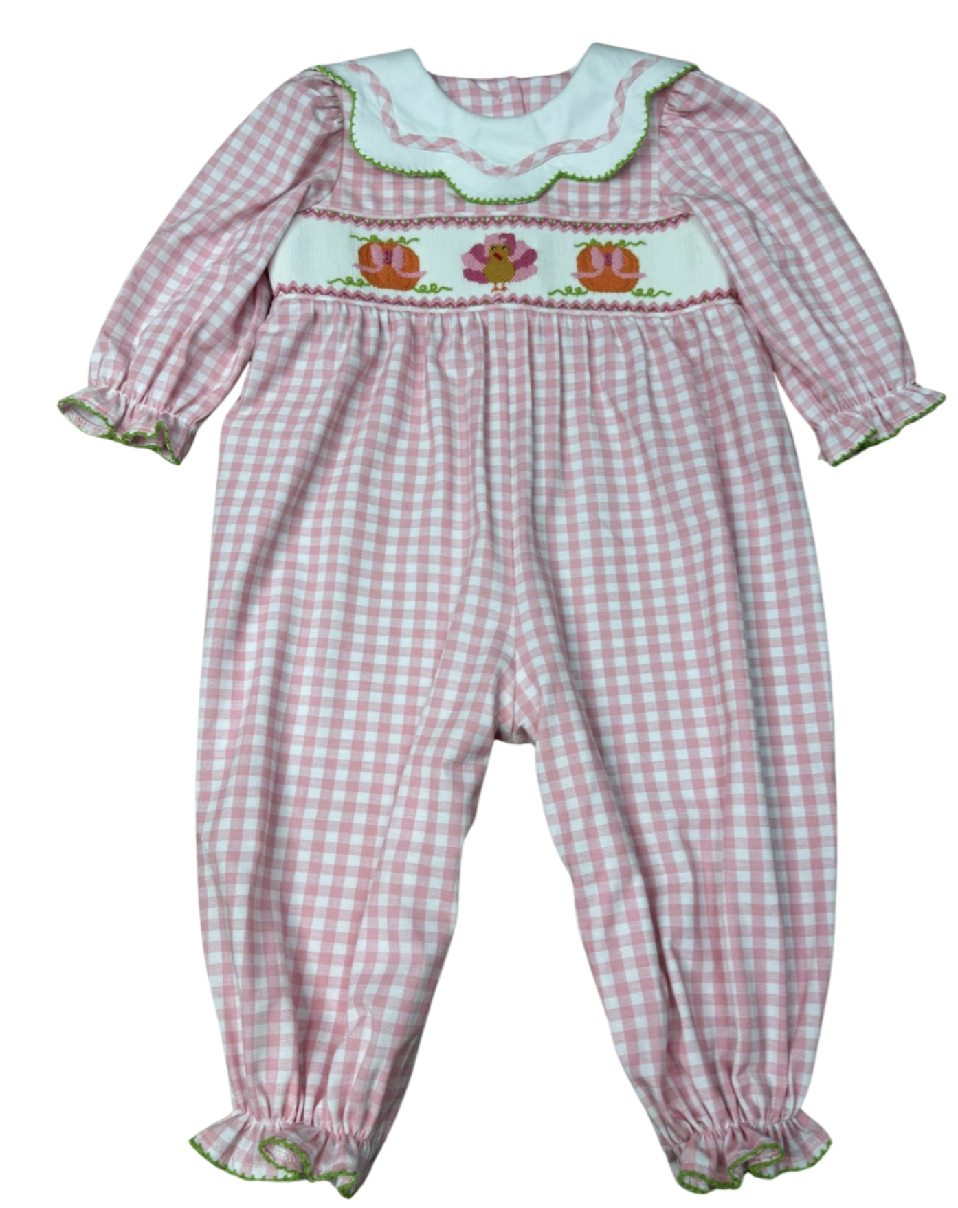 Delaney Pink/White Check Turkey Smocked Long Bubble