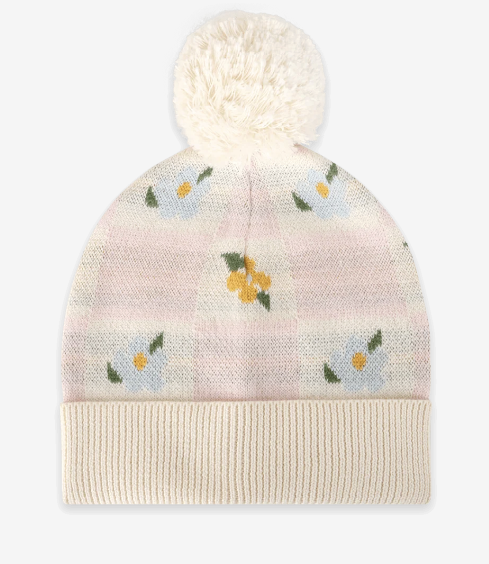 Viverano Mia Floral Knit Baby Beanie Hat with Pom