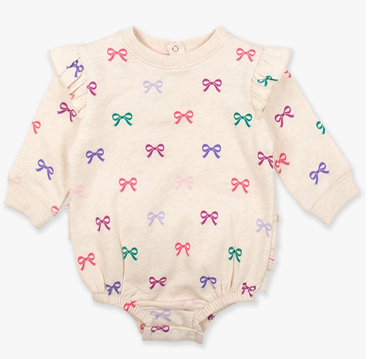 RuffleButts Heather Oatmeal Ribbons Sweatshirt Romper