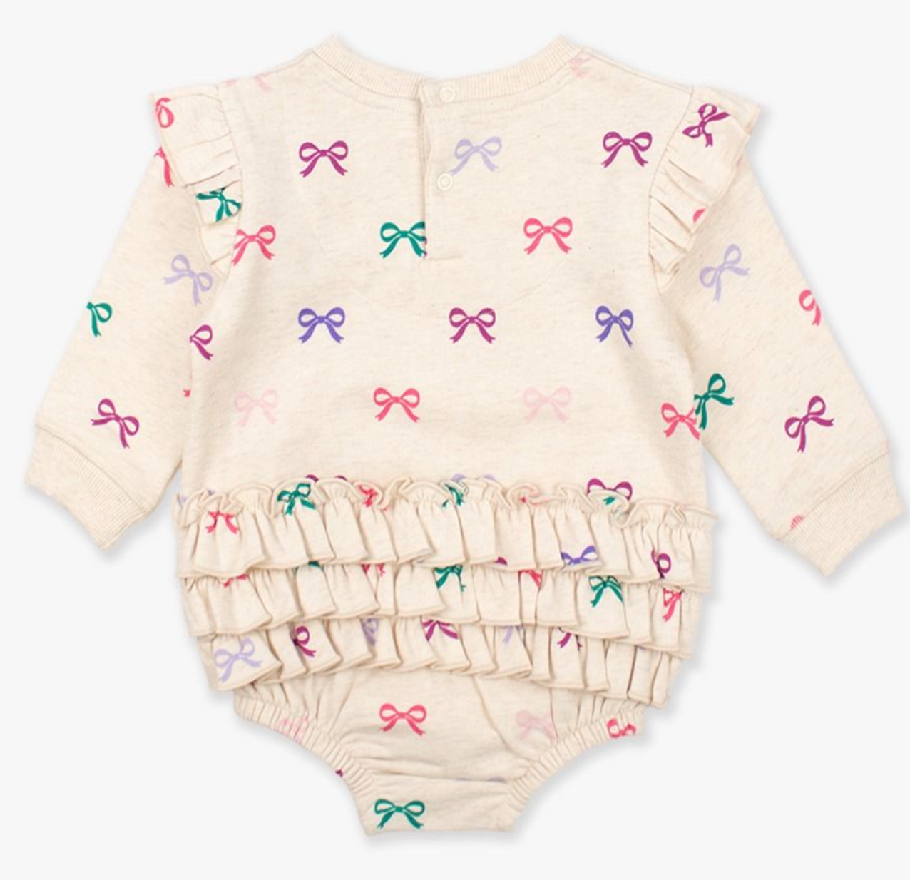 RuffleButts Heather Oatmeal Ribbons Sweatshirt Romper
