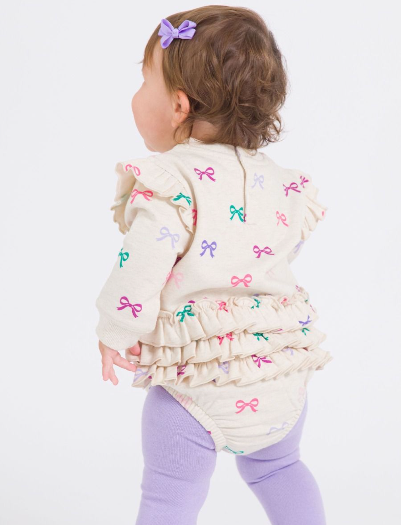 RuffleButts Heather Oatmeal Ribbons Sweatshirt Romper