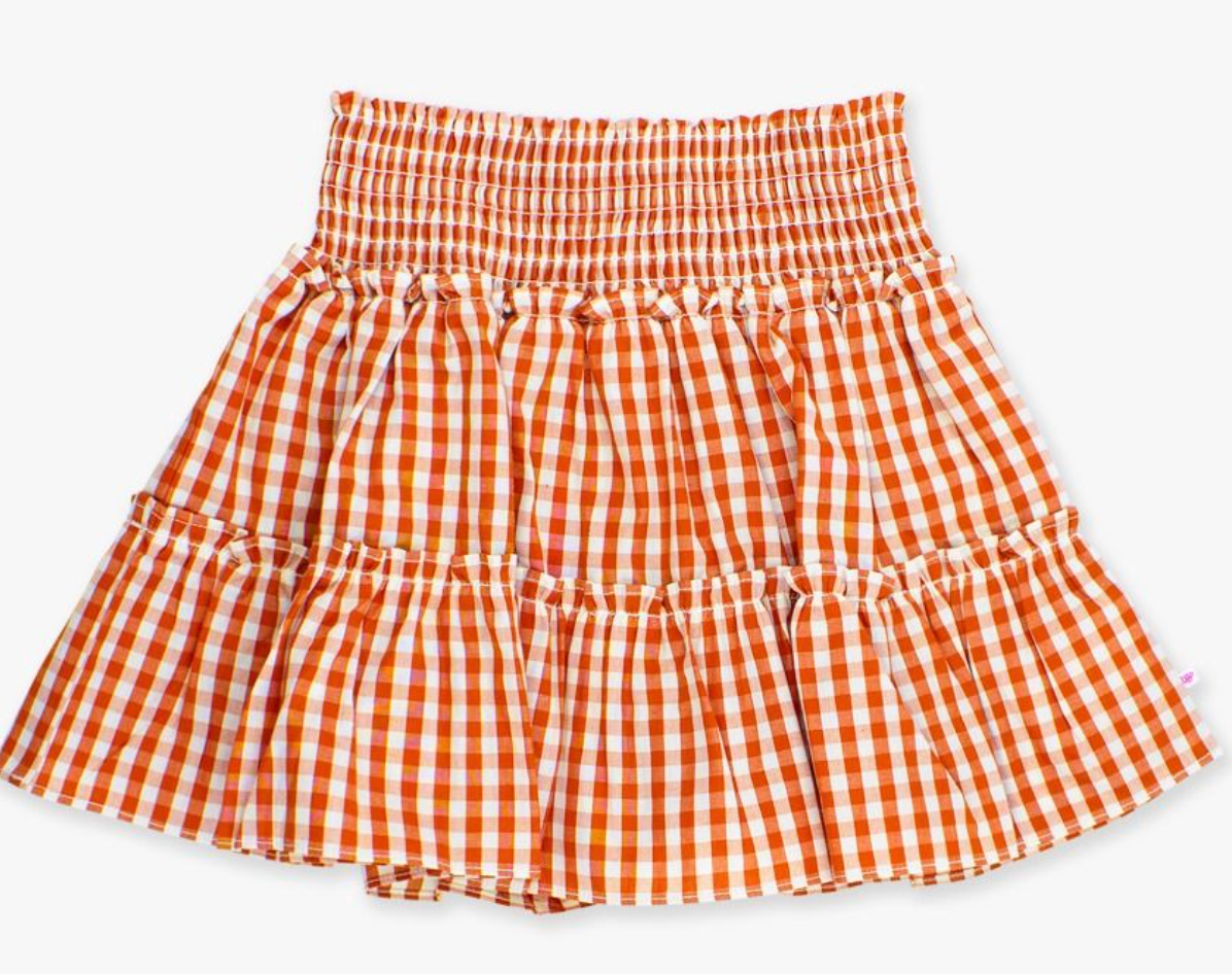 RuffleButts Classic Rust Gingham Smocked Twirl Skirt