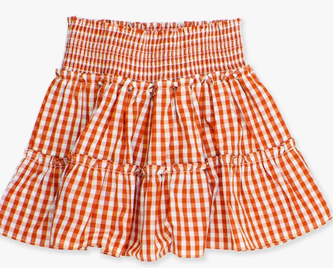 RuffleButts Classic Rust Gingham Smocked Twirl Skirt