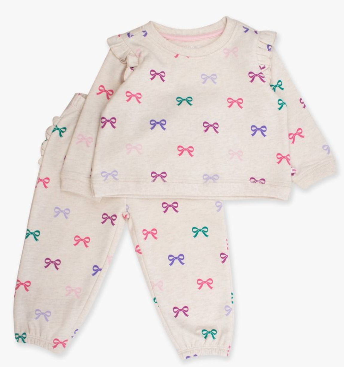 RuffleButts Heather Oatmeal Ribbons Jogger Set