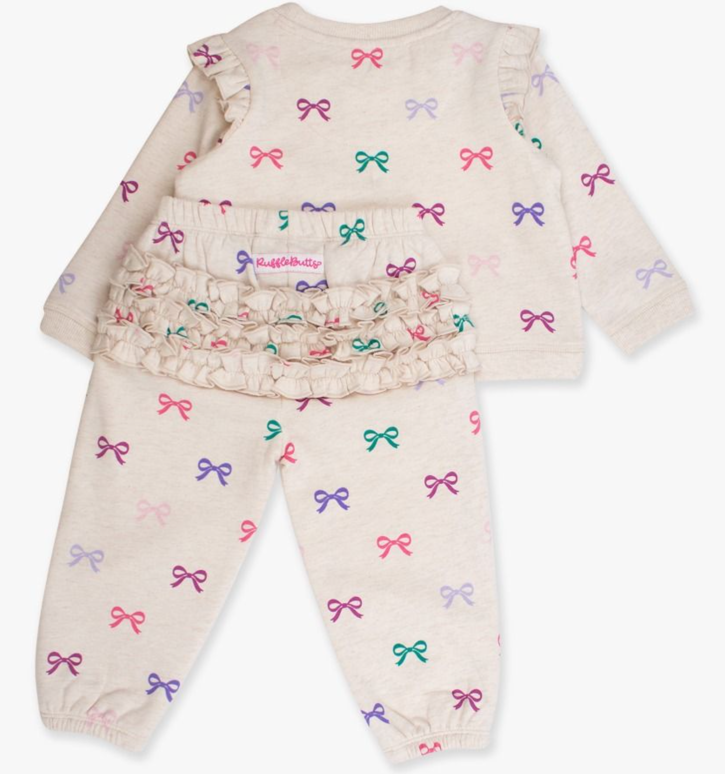 RuffleButts Heather Oatmeal Ribbons Jogger Set