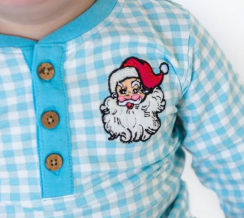 RuffleButts Dear Santa Blue Gingham Henley